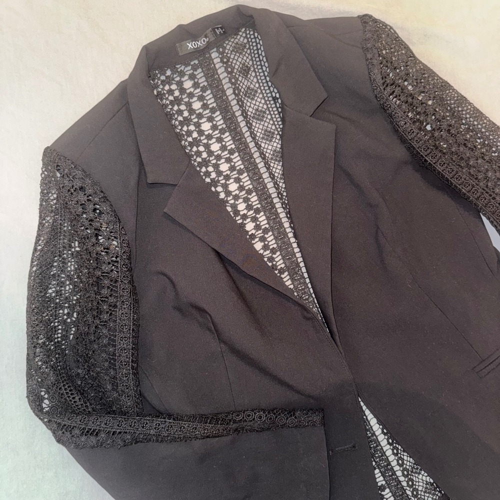 XOXO Womens Black Lace Back Open Front Blazer Crochet Dark WhimsyGoth Academia